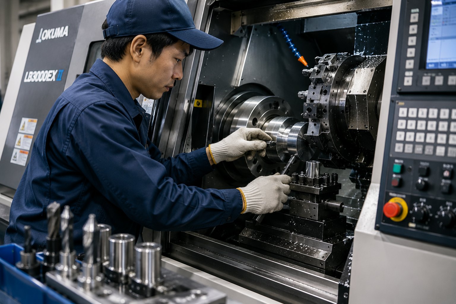 素材と刃物を機械にセットする様子