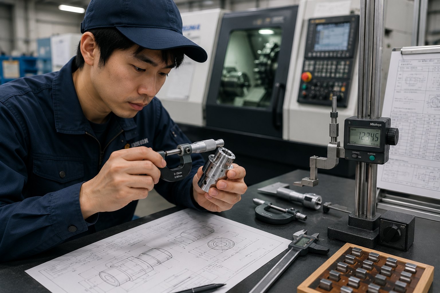 専用器具で寸法を測定・検査する様子